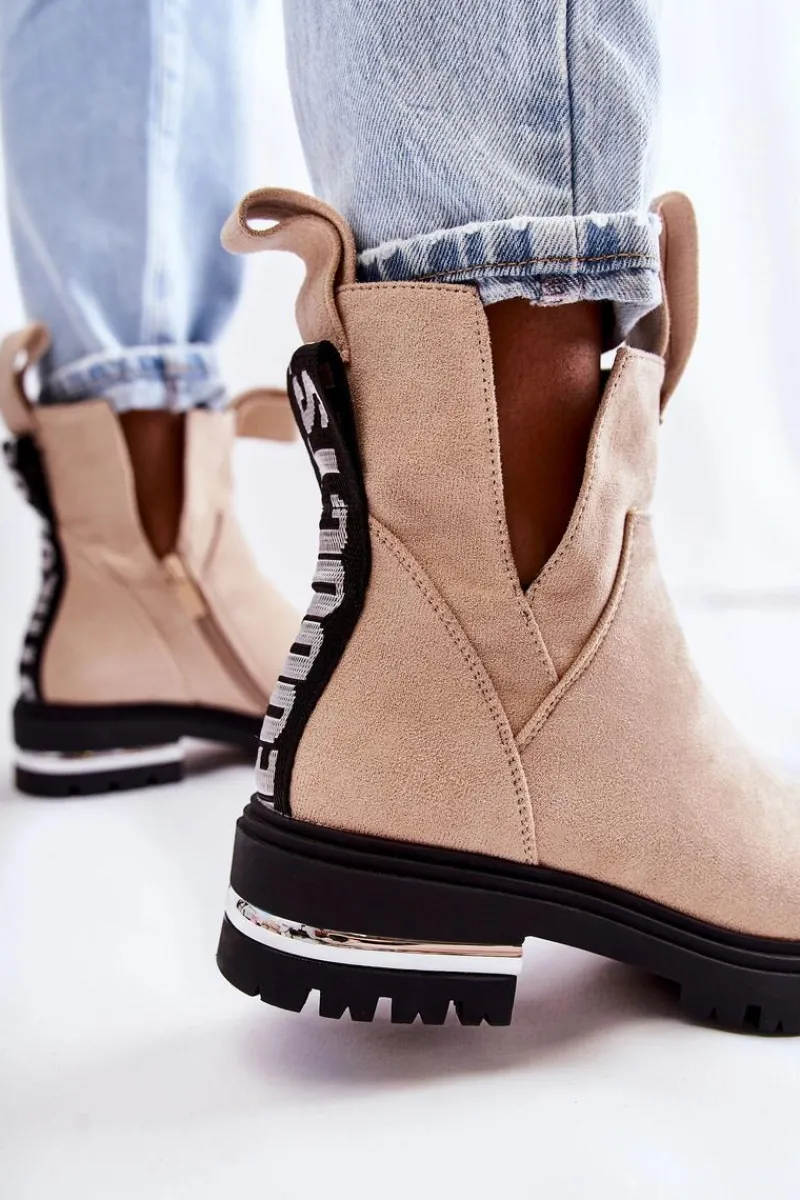 Outlet Zamszowe Botki Z Wycięciami Beżowe Elvera Damskie Botki Zimowe Damskie|Brązowe I Beżowe Botki