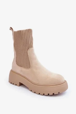 Boto Zamszowe Botki Ze Skarpetą Na Platformie I Płaskim Obcasie Beżowe Rewam