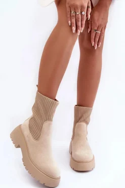 Boto Zamszowe Botki Ze Skarpetą Na Platformie I Płaskim Obcasie Beżowe Rewam