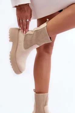 Boto Zamszowe Botki Ze Skarpetą Na Platformie I Płaskim Obcasie Beżowe Rewam