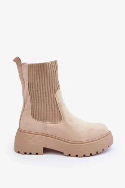 Boto Zamszowe Botki Ze Skarpetą Na Platformie I Płaskim Obcasie Beżowe Rewam