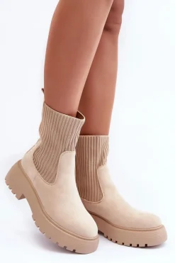 Boto Zamszowe Botki Ze Skarpetą Na Platformie I Płaskim Obcasie Beżowe Rewam
