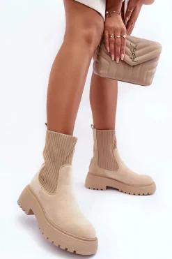 Boto Zamszowe Botki Ze Skarpetą Na Platformie I Płaskim Obcasie Beżowe Rewam