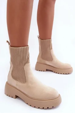 Boto Zamszowe Botki Ze Skarpetą Na Platformie I Płaskim Obcasie Beżowe Rewam