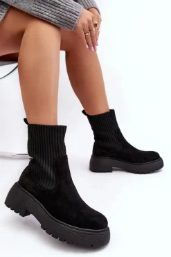 Botki Ocieplane|Czarne Botki>Boto Zamszowe Botki Ze Skarpetą Na Platformie I Płaskim Obcasie Czarne Rewam