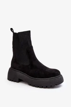 Botki Ocieplane|Czarne Botki>Boto Zamszowe Botki Ze Skarpetą Na Platformie I Płaskim Obcasie Czarne Rewam