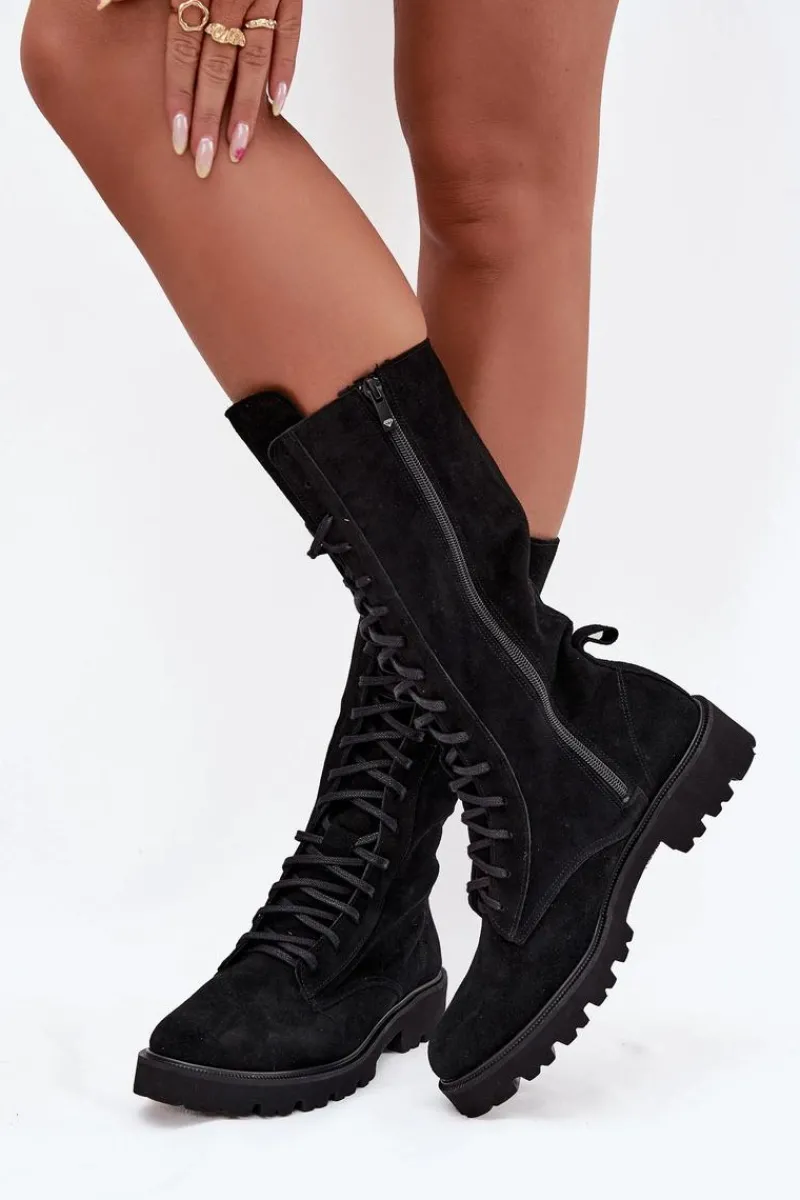 Botki Skórzane|Czarne Botki>Zazoo Zamszowe Botki Ze Sznurowaniem Do Połowy Łydki 3103 Czarne Czarny
