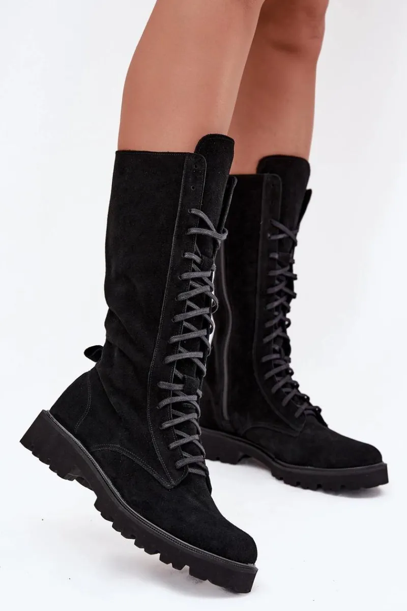 Botki Skórzane|Czarne Botki>Zazoo Zamszowe Botki Ze Sznurowaniem Do Połowy Łydki 3103 Czarne Czarny
