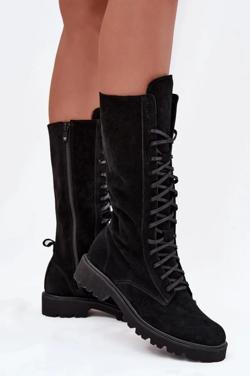 Botki Skórzane|Czarne Botki>Zazoo Zamszowe Botki Ze Sznurowaniem Do Połowy Łydki 3103 Czarne Czarny