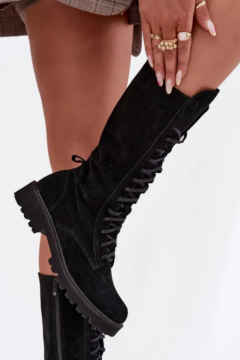 Botki Skórzane|Czarne Botki>Zazoo Zamszowe Botki Ze Sznurowaniem Do Połowy Łydki 3103 Czarne Czarny