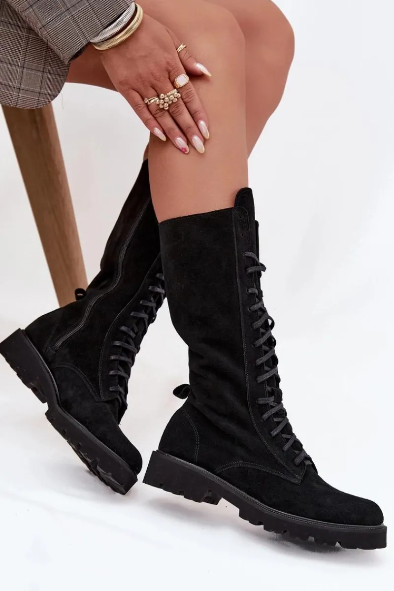 Botki Skórzane|Czarne Botki>Zazoo Zamszowe Botki Ze Sznurowaniem Do Połowy Łydki 3103 Czarne Czarny
