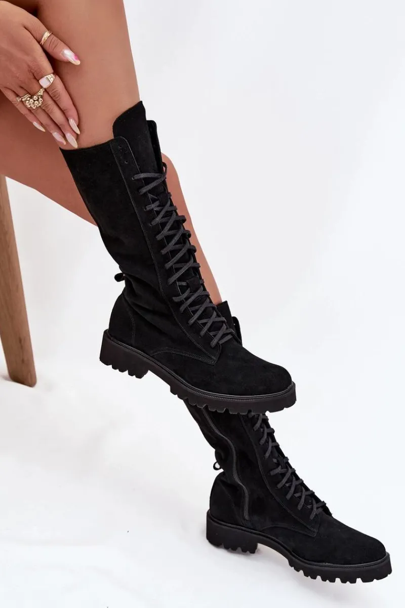 Botki Skórzane|Czarne Botki>Zazoo Zamszowe Botki Ze Sznurowaniem Do Połowy Łydki 3103 Czarne Czarny