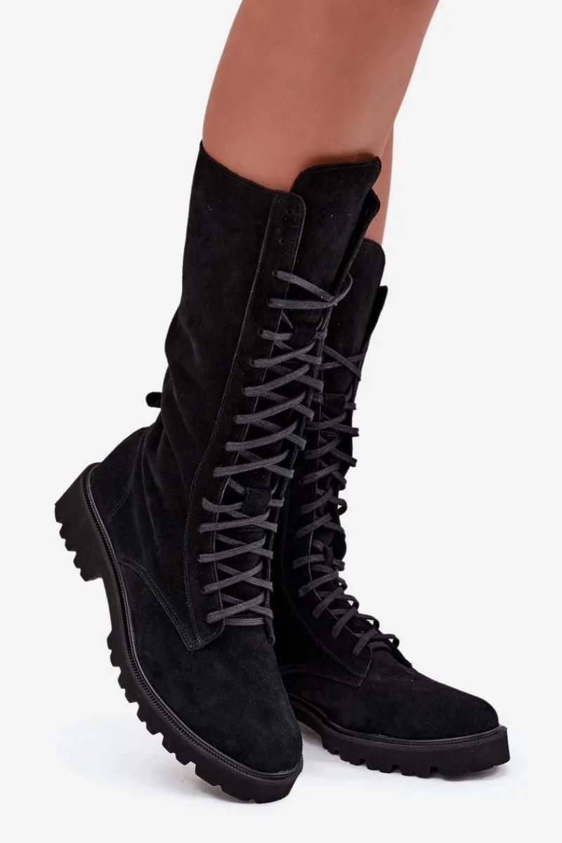 Botki Skórzane|Czarne Botki>Zazoo Zamszowe Botki Ze Sznurowaniem Do Połowy Łydki 3103 Czarne Czarny