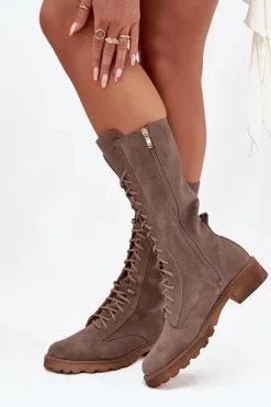 Discount Zazoo Zamszowe Botki Ze Sznurowaniem Do Połowy Łydki 3103 Ciemnobeżowe Beżowy