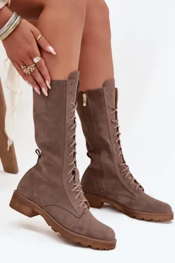 Discount Zazoo Zamszowe Botki Ze Sznurowaniem Do Połowy Łydki 3103 Ciemnobeżowe Beżowy