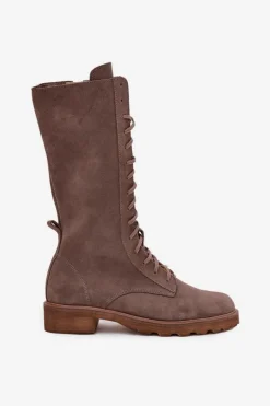 Discount Zazoo Zamszowe Botki Ze Sznurowaniem Do Połowy Łydki 3103 Ciemnobeżowe Beżowy