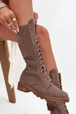 Discount Zazoo Zamszowe Botki Ze Sznurowaniem Do Połowy Łydki 3103 Ciemnobeżowe Beżowy