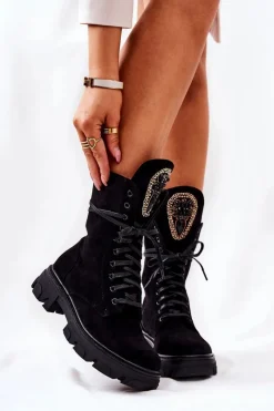 Damskie Trapery|Botki Sznurowane>Boto Zamszowe Botki Ze Zdobieniem Czarne Elaina