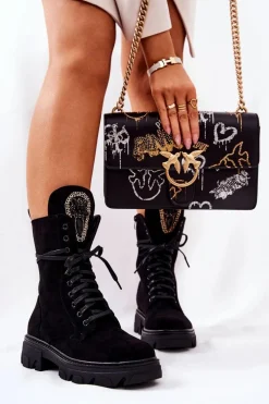 Damskie Trapery|Botki Sznurowane>Boto Zamszowe Botki Ze Zdobieniem Czarne Elaina