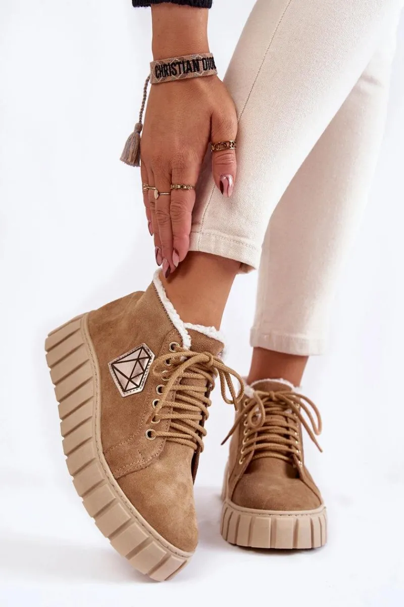 Best Zamszowe Buty Sportowe Wiązane Lewski Shoes 3252/N Beżowe Damskie Botki Sznurowane|Botki Płaskie