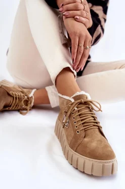 Best Zamszowe Buty Sportowe Wiązane Lewski Shoes 3252/N Beżowe Damskie Botki Sznurowane|Botki Płaskie