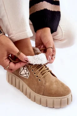 Best Zamszowe Buty Sportowe Wiązane Lewski Shoes 3252/N Beżowe Damskie Botki Sznurowane|Botki Płaskie