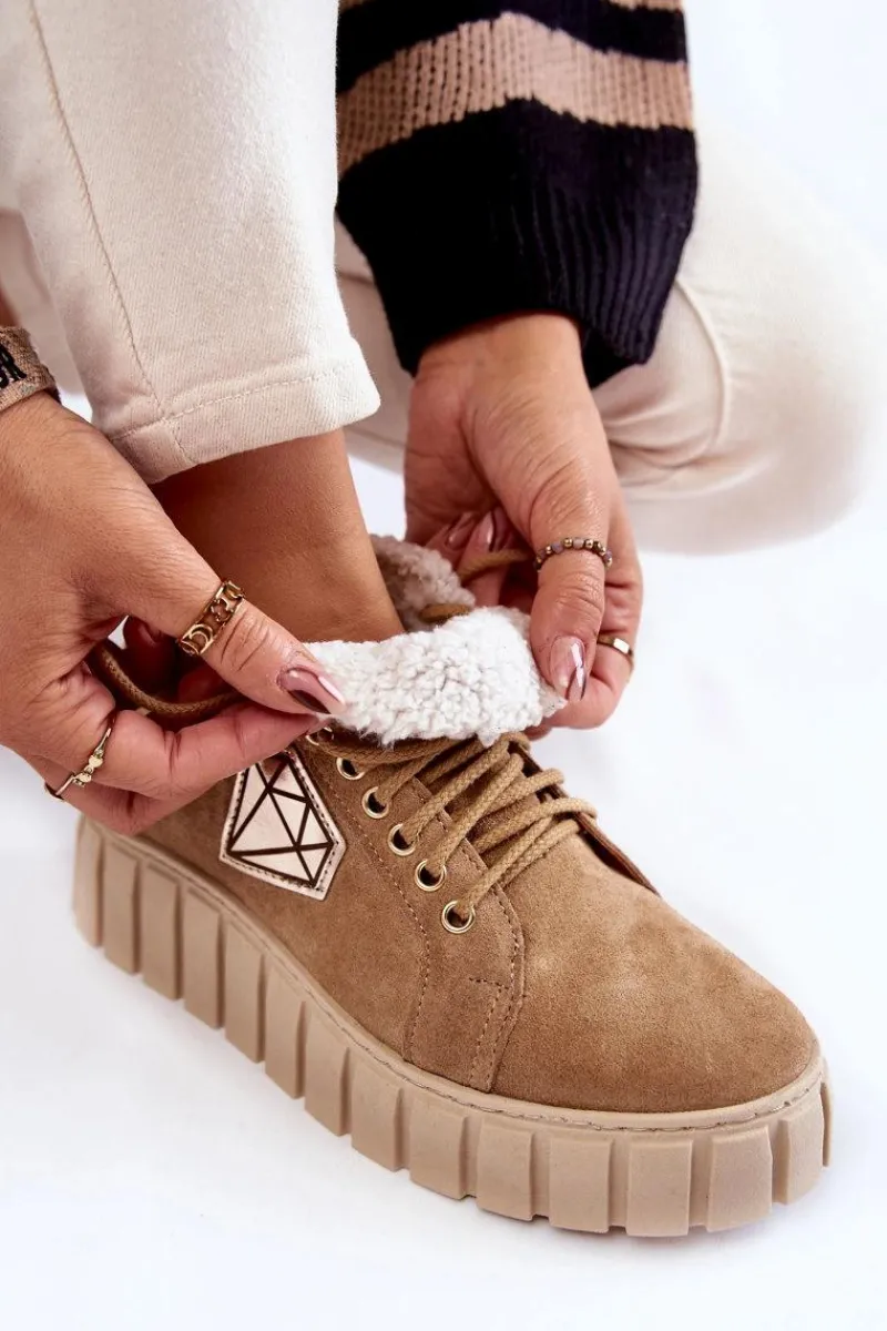 Best Zamszowe Buty Sportowe Wiązane Lewski Shoes 3252/N Beżowe Damskie Botki Sznurowane|Botki Płaskie