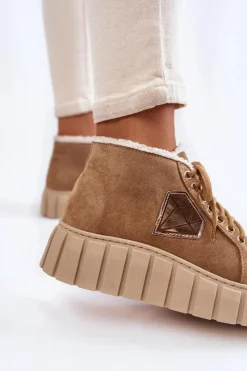 Best Zamszowe Buty Sportowe Wiązane Lewski Shoes 3252/N Beżowe Damskie Botki Sznurowane|Botki Płaskie