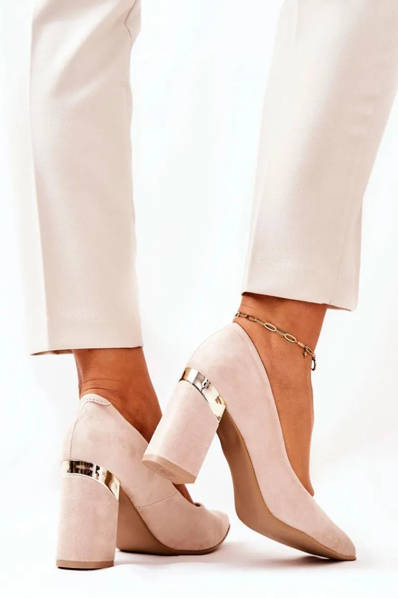 Outlet Zamszowe Czółenka Lewski 3117 Beżowe Damskie Czółenka Na Słupku