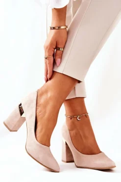 Outlet Zamszowe Czółenka Lewski 3117 Beżowe Damskie Czółenka Na Słupku