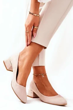 New Zamszowe Czółenka Lewski 3118 Beżowe Damskie Czółenka Na Słupku