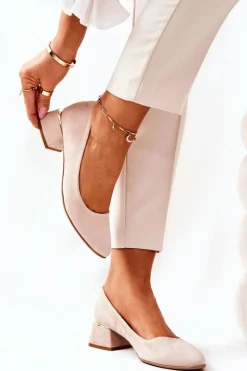 New Zamszowe Czółenka Lewski 3118 Beżowe Damskie Czółenka Na Słupku