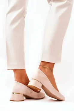 New Zamszowe Czółenka Lewski 3118 Beżowe Damskie Czółenka Na Słupku