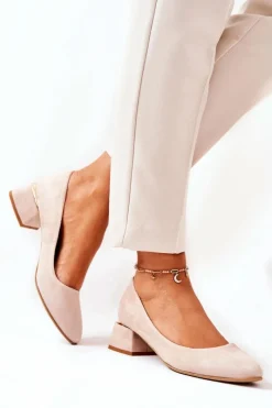 New Zamszowe Czółenka Lewski 3118 Beżowe Damskie Czółenka Na Słupku