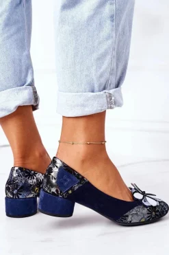 New Maciejka Zamszowe Czółenka 04835-17 Granatowe W Kwiaty