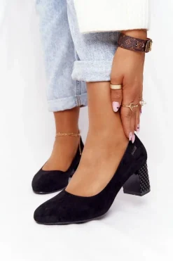 Zamszowe Czółenka Na Karbowanym Słupku Sergio Leone Czarne Damskie Czółenka Zamszowe|Czółenka Na Słupku