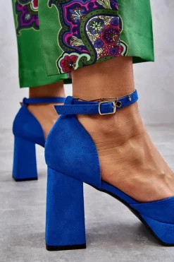 Hot Boto Zamszowe Czółenka Na Masywnym Obcasie I Platformie Niebieskie Diame