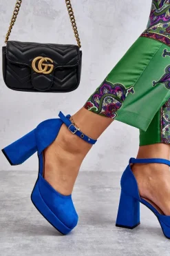 Hot Boto Zamszowe Czółenka Na Masywnym Obcasie I Platformie Niebieskie Diame