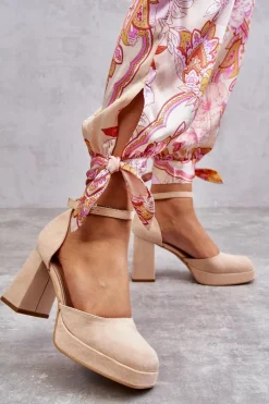 Outlet Zamszowe Czółenka Na Masywnym Obcasie I Platformie Beżowe Diame Damskie Czółenka Na Platformie|Czółenka Zamszowe