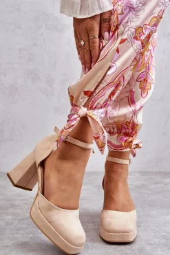 Outlet Zamszowe Czółenka Na Masywnym Obcasie I Platformie Beżowe Diame Damskie Czółenka Na Platformie|Czółenka Zamszowe