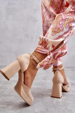 Outlet Zamszowe Czółenka Na Masywnym Obcasie I Platformie Beżowe Diame Damskie Czółenka Na Platformie|Czółenka Zamszowe