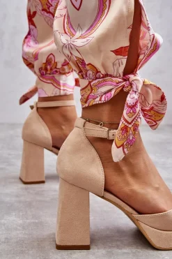 Outlet Zamszowe Czółenka Na Masywnym Obcasie I Platformie Beżowe Diame Damskie Czółenka Na Platformie|Czółenka Zamszowe