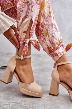 Outlet Zamszowe Czółenka Na Masywnym Obcasie I Platformie Beżowe Diame Damskie Czółenka Na Platformie|Czółenka Zamszowe