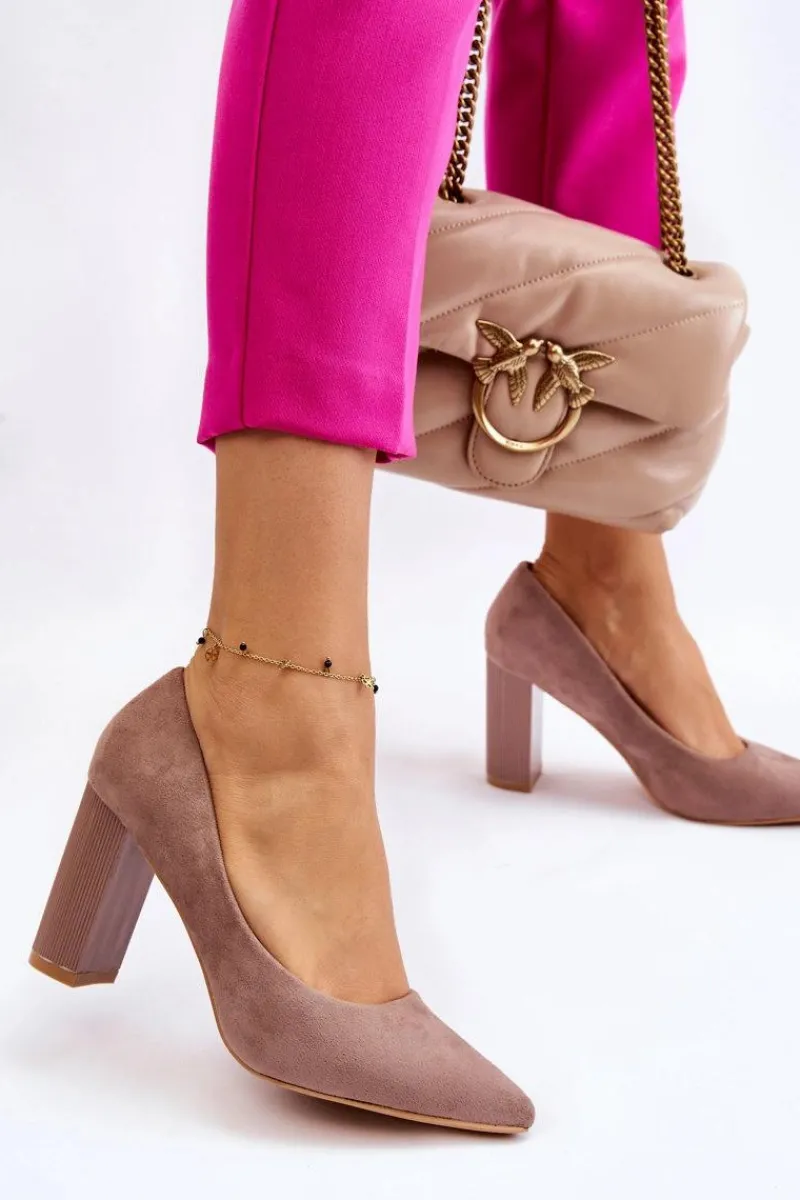 Outlet Zamszowe Czółenka Na Modnym Obcasie Beżowe Estellia Damskie Czółenka Zamszowe|Czółenka Na Słupku