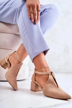 Discount Zamszowe Czółenka Na Obcasie 2309 Jasnobeżowe Damskie Czółenka Zamszowe|Czółenka Na Słupku