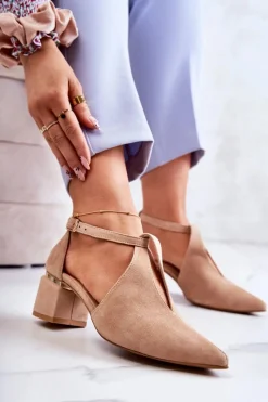 Discount Zamszowe Czółenka Na Obcasie 2309 Jasnobeżowe Damskie Czółenka Zamszowe|Czółenka Na Słupku