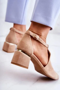 Discount Zamszowe Czółenka Na Obcasie 2309 Jasnobeżowe Damskie Czółenka Zamszowe|Czółenka Na Słupku