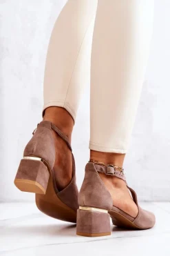 Online Zamszowe Czółenka Na Obcasie 2309 Beżowe Damskie Czółenka Zamszowe|Czółenka Na Słupku