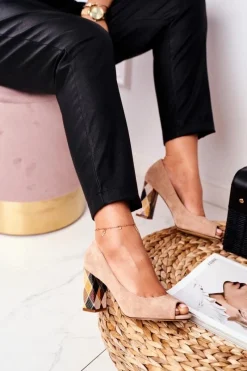 New Zamszowe Czółenka Sergio Leone PB135 Beżowe Damskie Czółenka Zamszowe|Czółenka Klasyczne