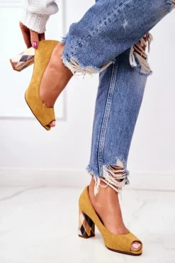 Outlet Zamszowe Czółenka Sergio Leone PB135 Żółte Damskie Czółenka Zamszowe|Czółenka Klasyczne